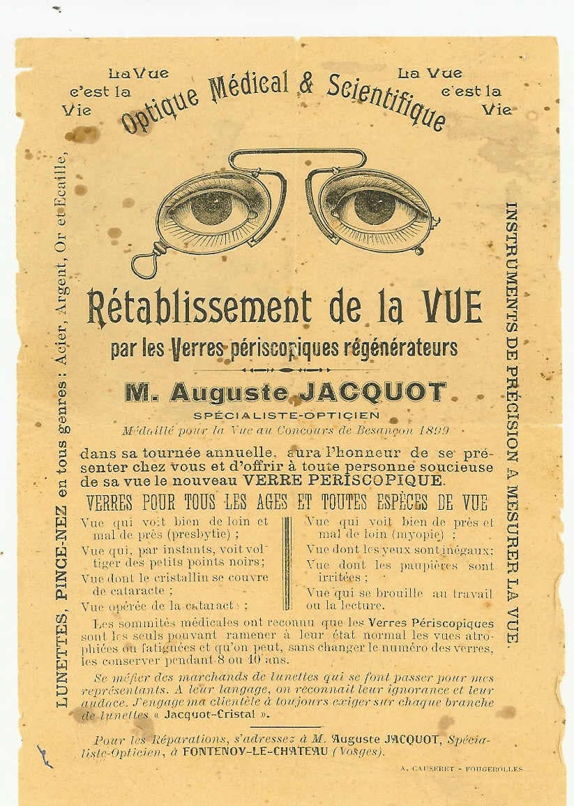Tract publicitaire éditée par Auguste JACQUOT notre aïeul opticien